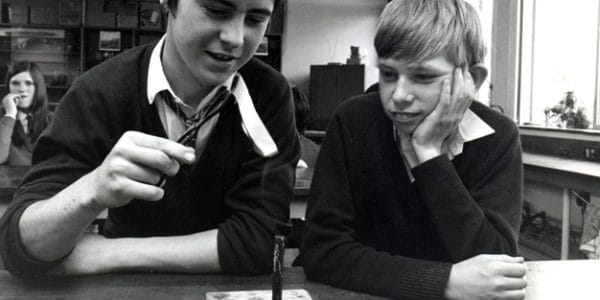 Students use Bunsen burner in Nuffield Science class in 1971