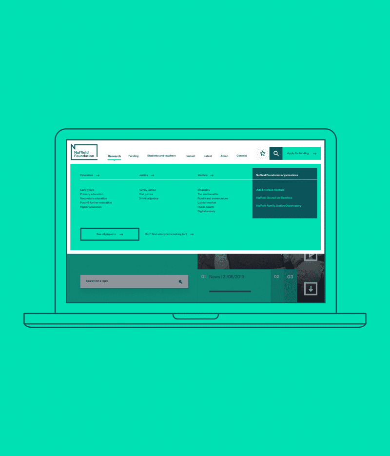 Illustration of laptop with Nuffield Foundation website main navigation expanded