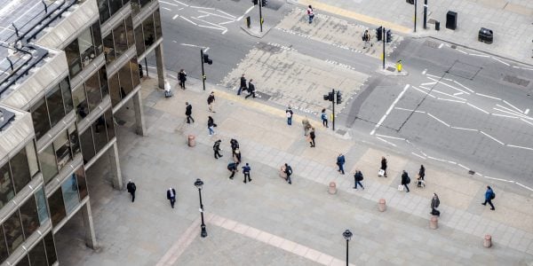 Aerial view of pedestrians on city street