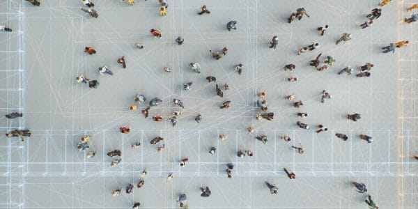 Abstract crowds of people with virtual reality street display. This is entirely 3D generated image.