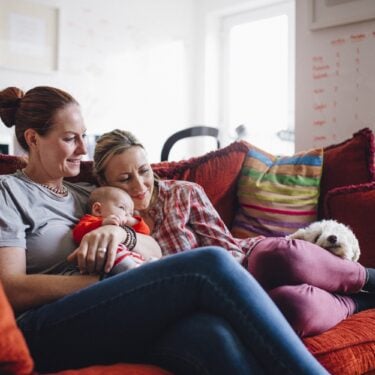 Two mothers cuddle their daughter on the sofa with their dog: Welfare access, assets and debts of LGBT+ people in the UK