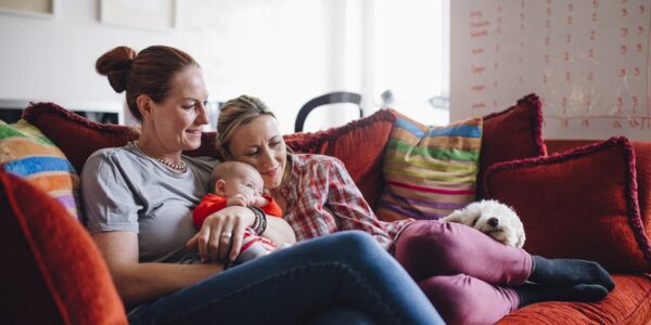 Two mothers cuddle their daughter on the sofa with their dog: Welfare access, assets and debts of LGBT+ people in the UK