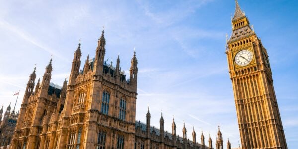 Photo looking up at the Houses of Parliament and Big Ben.