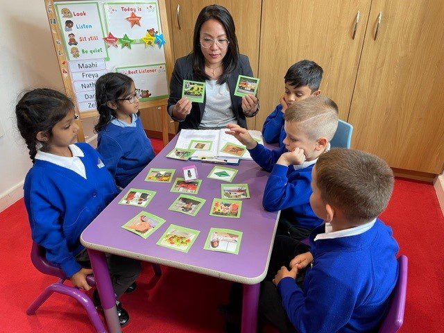 NELIatOxendon4 A teacher sits at a table with 5 primary school students. They are looking and talking about images on cards.