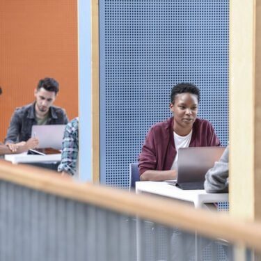 Candid portrait of college students working, blue and orange partitions provide privacy