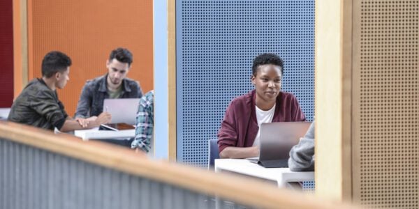 Candid portrait of college students working, blue and orange partitions provide privacy