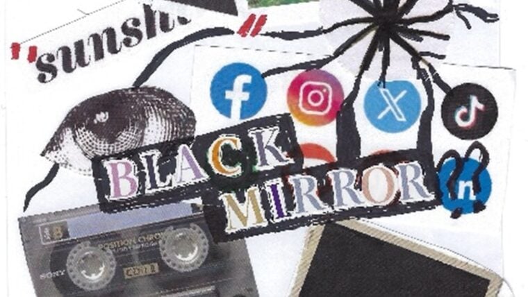 A collage combining words such as COOL! .PERFECT. FUN, BLACK MIRROR” with social media icons, a cassette tape, film strip, and a photo of a sheep in a field. Black lines representing cracks run through it.