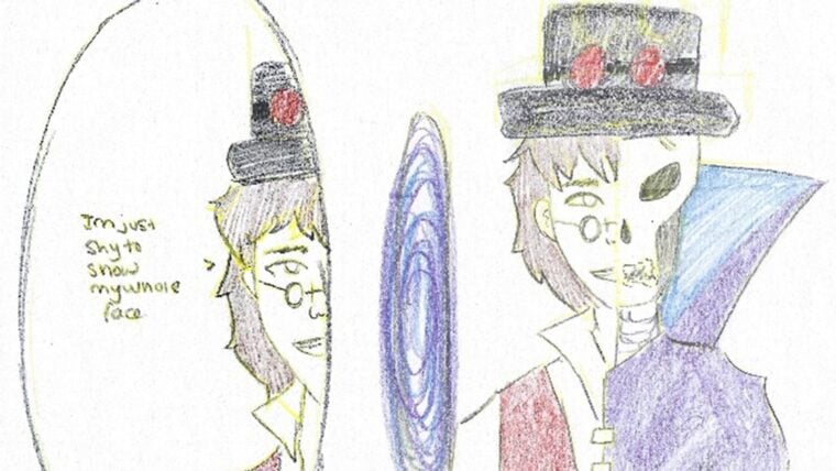 An illustration with the phrase “NOT EVERYONE IS WHO THEY SEEM ONLINE,” showing a character looking into a mirror, where their reflection reveals a skeletal face and different attire.