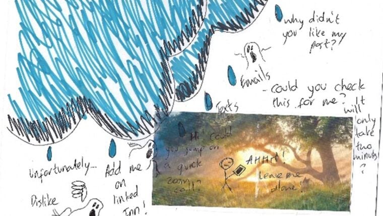 Mixed media artwork showing stressed cartoon figures under a rain cloud, surrounded by phrases like “emails” and “Zoom”. A peaceful photo of someone running through a sunlit forest contrasts the digital overwhelm.