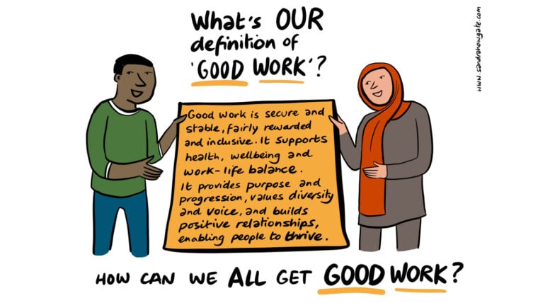 An illustration of two young people holding a sign that defines 'good work' including work-life balance, purpose, positive relationships.