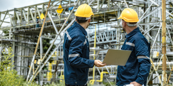 Two men outside an industrial setting, looking at the building