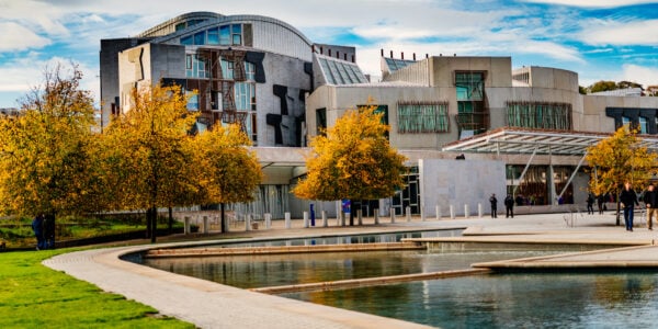 West frontage of the Scottish Parliament Building at Holyrood, Edinburgh, Scotland.
